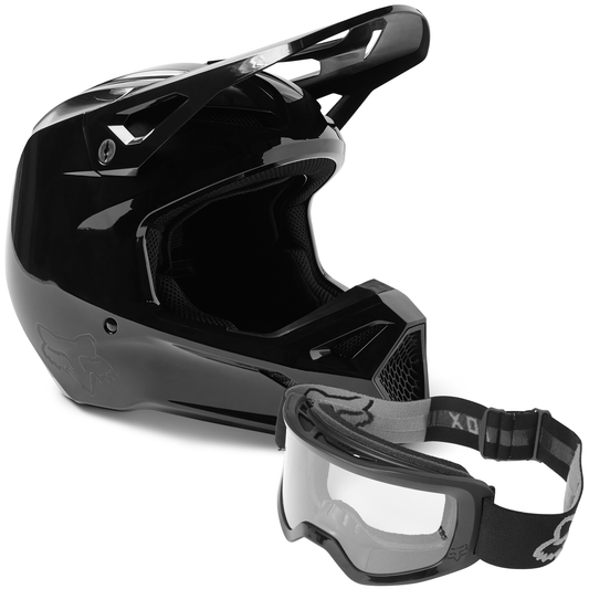 Fox V1 Solid Helmet + Main II Stray Goggles Combo (Black Gloss/Black Clear Lexan)